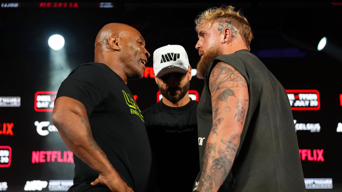 ‘It’s happening’: Mike Tyson and Jake Paul meet face to face to promote fight (again)