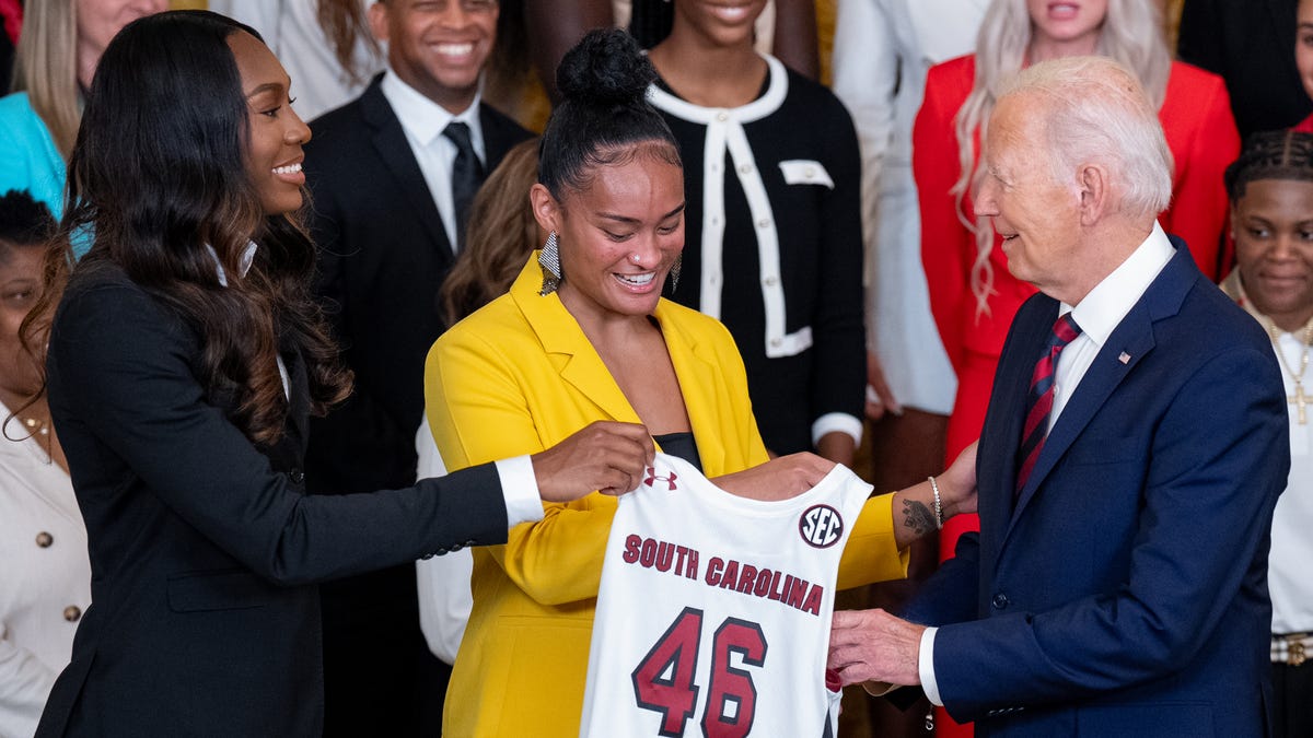 South Carolina, UConn celebrate NCAA championships at White House with President Biden