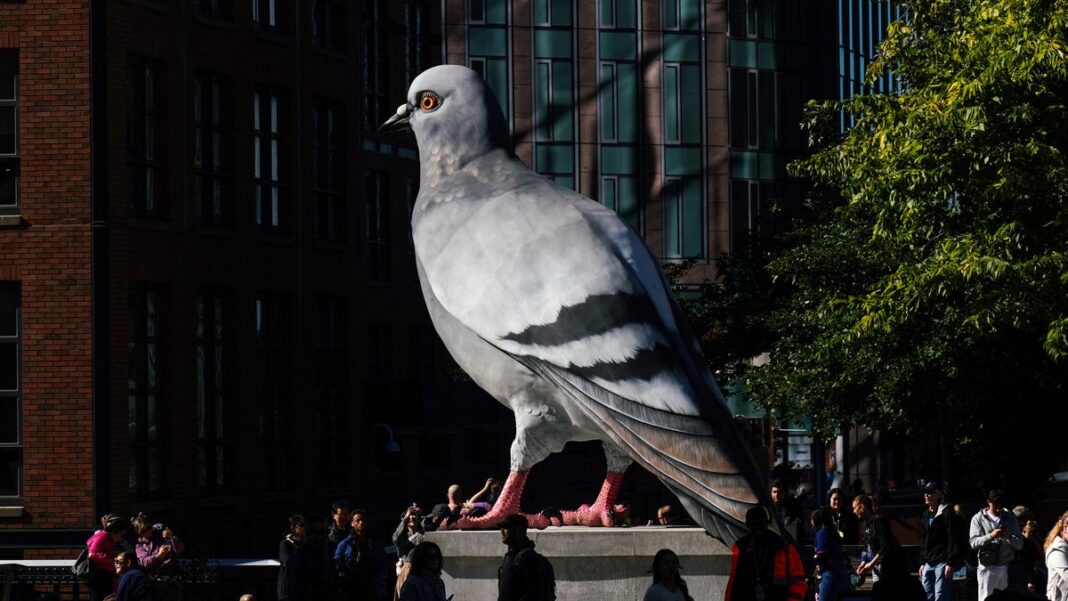 Is it a pigeon, dinosaur, or both? Giant statue in NYC brings birds to new heights