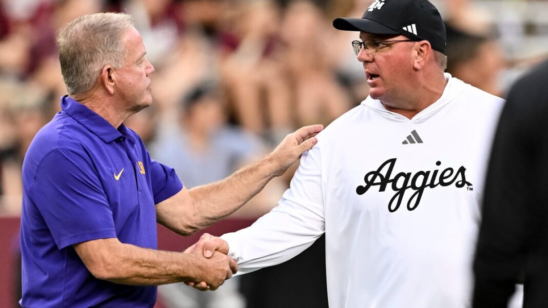 Texas A&M coach Mike Elko denies taking shot at Jimbo Fisher or Brian Kelly after LSU win