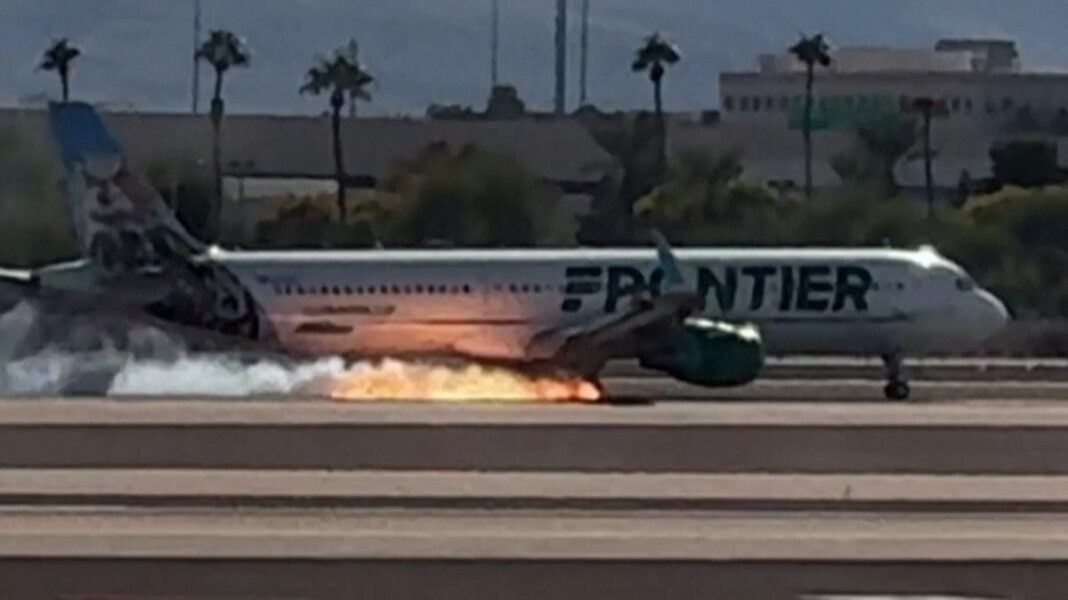 Watch: Flames seen underneath Frontier Airlines plane as it lands at Las Vegas airport