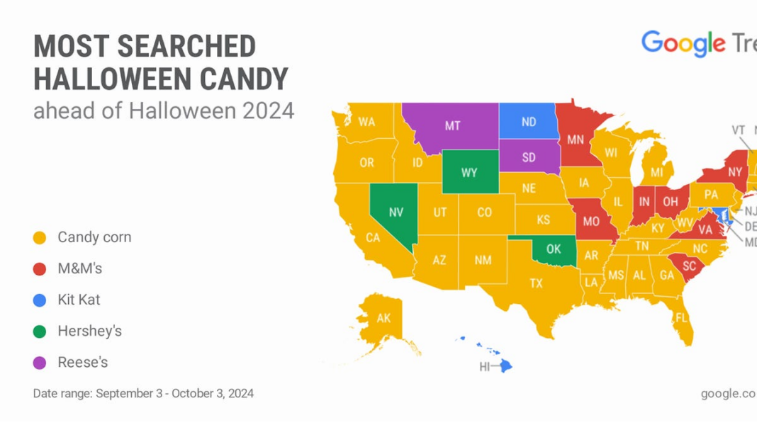 Which candy is the most popular search in each state for Halloween? Think: Vegetable